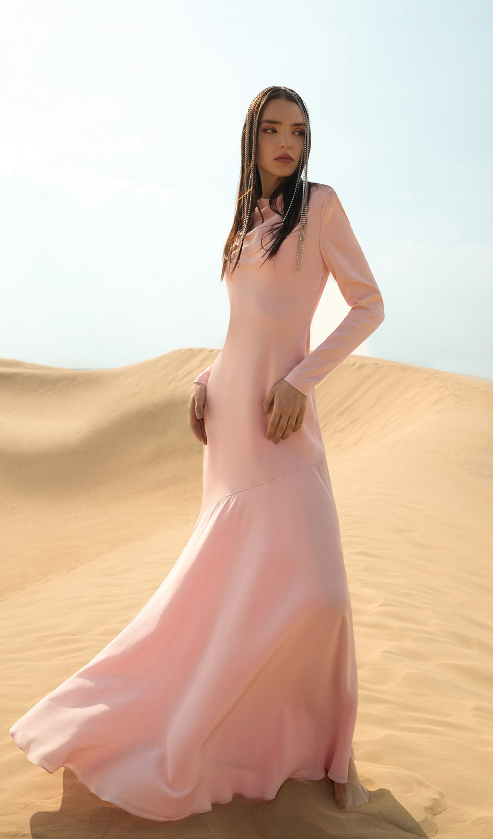 Fitted Satin With Rhinestones Maxi Dress