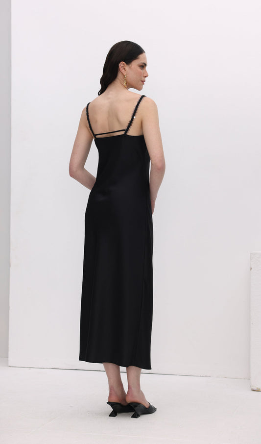 Solid Sequined Slip Midi Dress Black