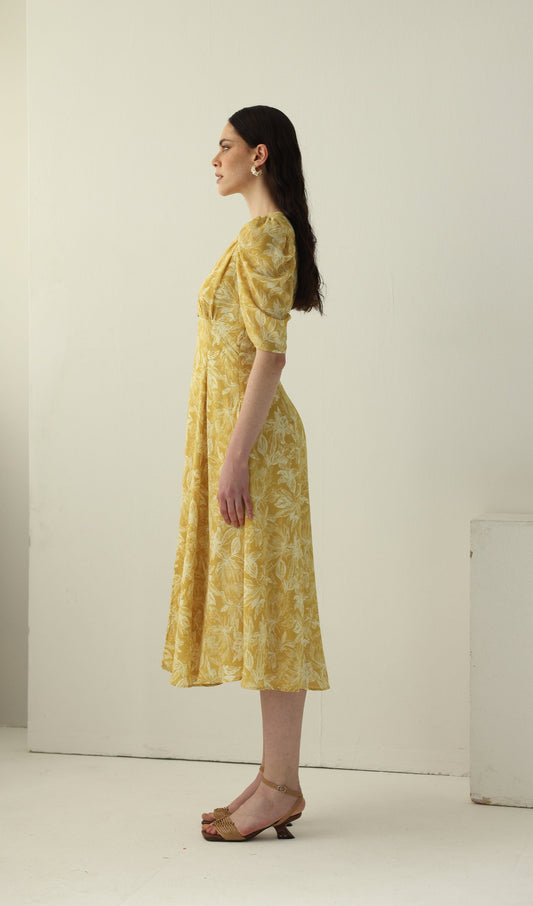 Yellow Printed Short Sleeve Midi Dress