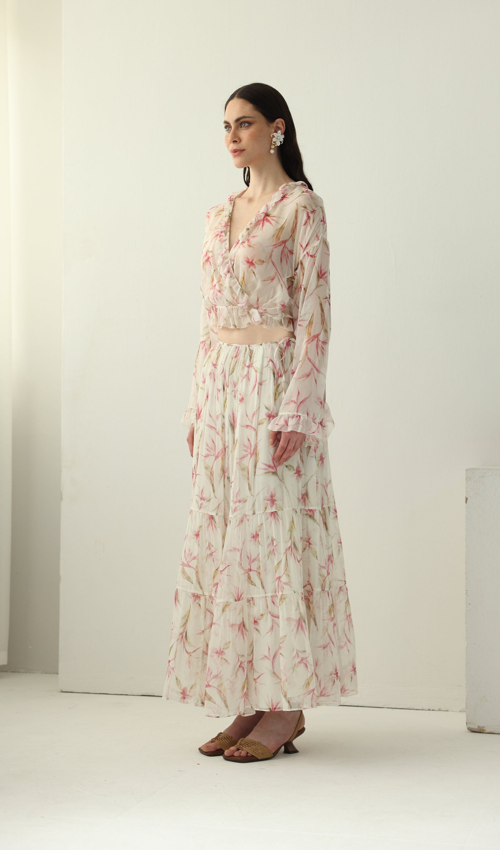 Floral Silk Ruffle Two Piece Sets