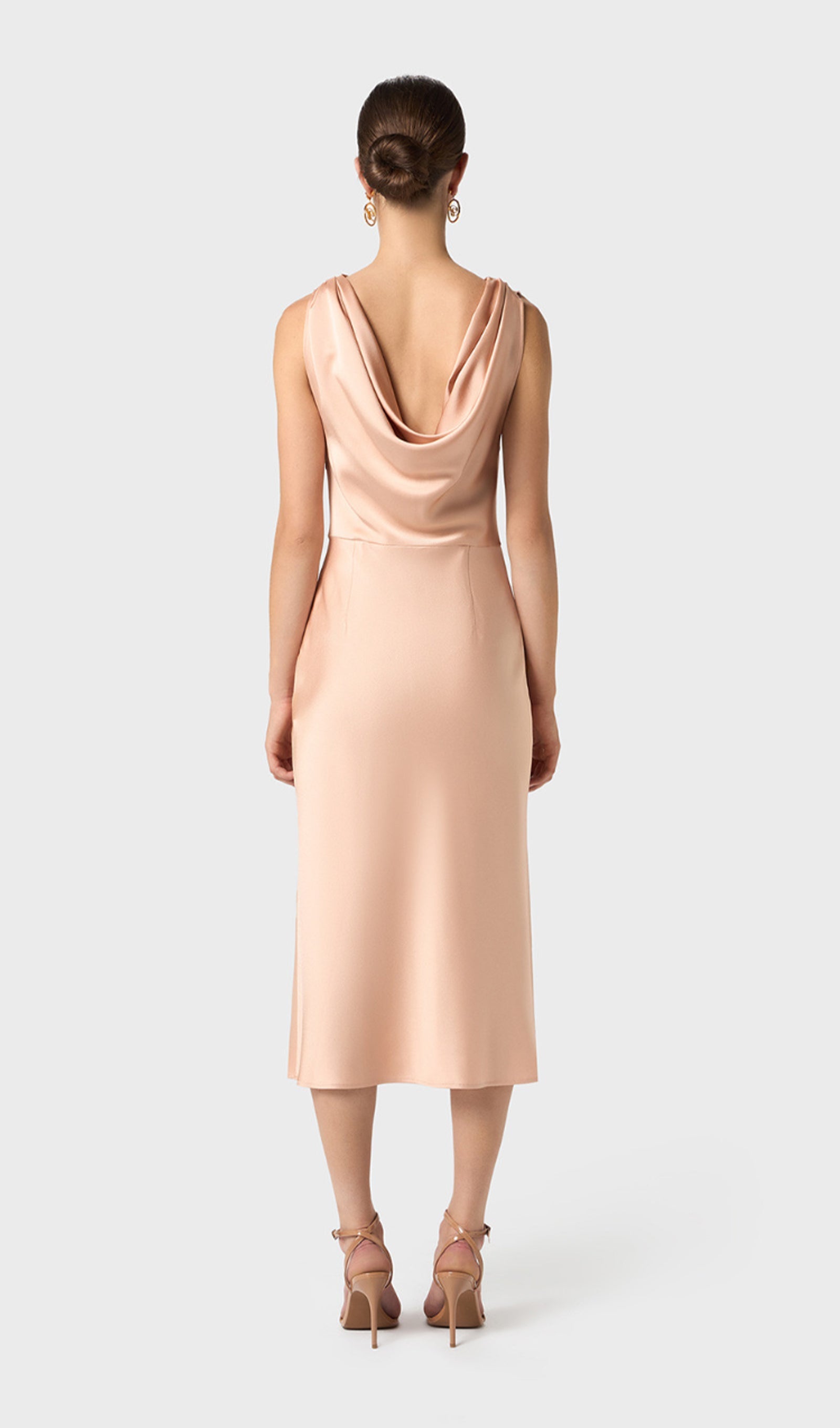 Shiny Satin With Draped Neckline Midi Dress