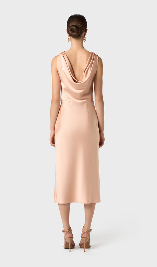 Shiny Satin With Draped Neckline Midi Dress