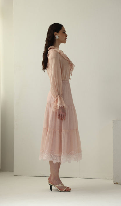 V Neck Lace Panel Ruffled Top