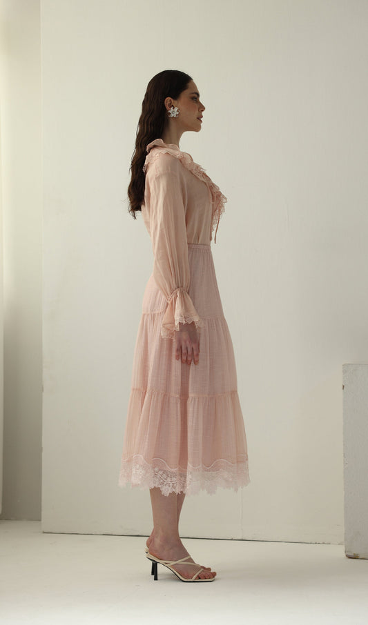 V Neck Lace Panel Ruffled Top