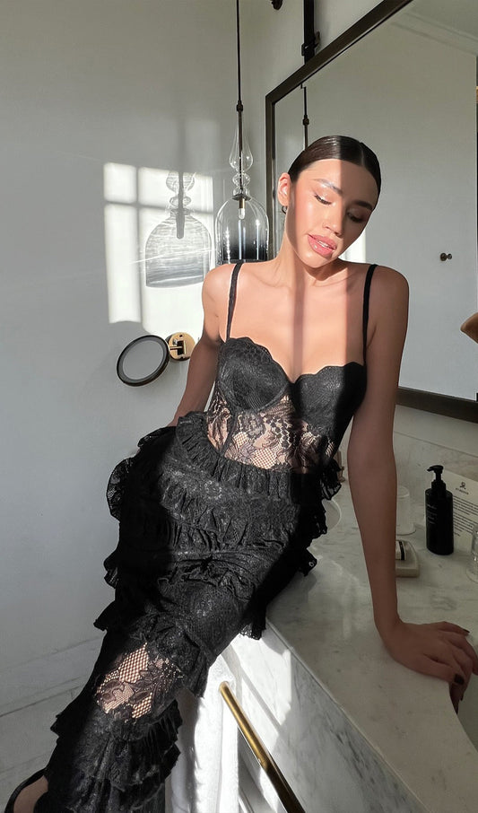 Corseted Lace Ruffles Maxi Dress