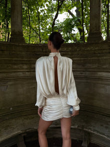 Satin ruched long-sleeve backless dress