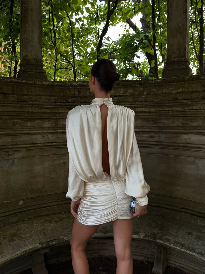 Satin ruched long-sleeve backless dress