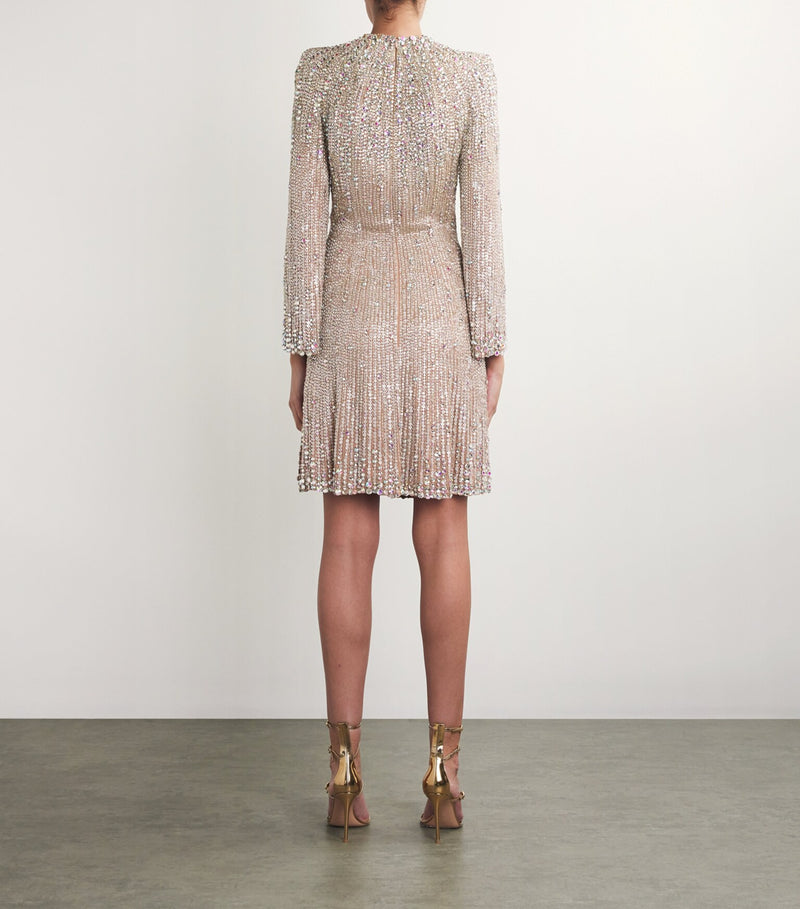 Sequin Rhinestone-Embroidered Long-Sleeve Gown