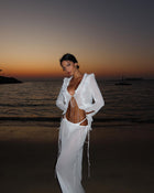 V-Neck Ruffle-Trim Tie-Front Long-Sleeve Cardigan Top with Waist-Tie Chiffon Skirt Two-Piece Set