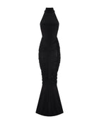High-Neck Sleeveless Backless Ruched Black Maxi Dress