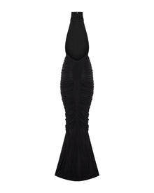 High-Neck Sleeveless Backless Ruched Black Maxi Dress