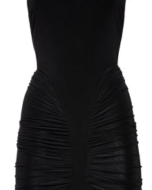 High-Neck Sleeveless Backless Ruched Black Maxi Dress