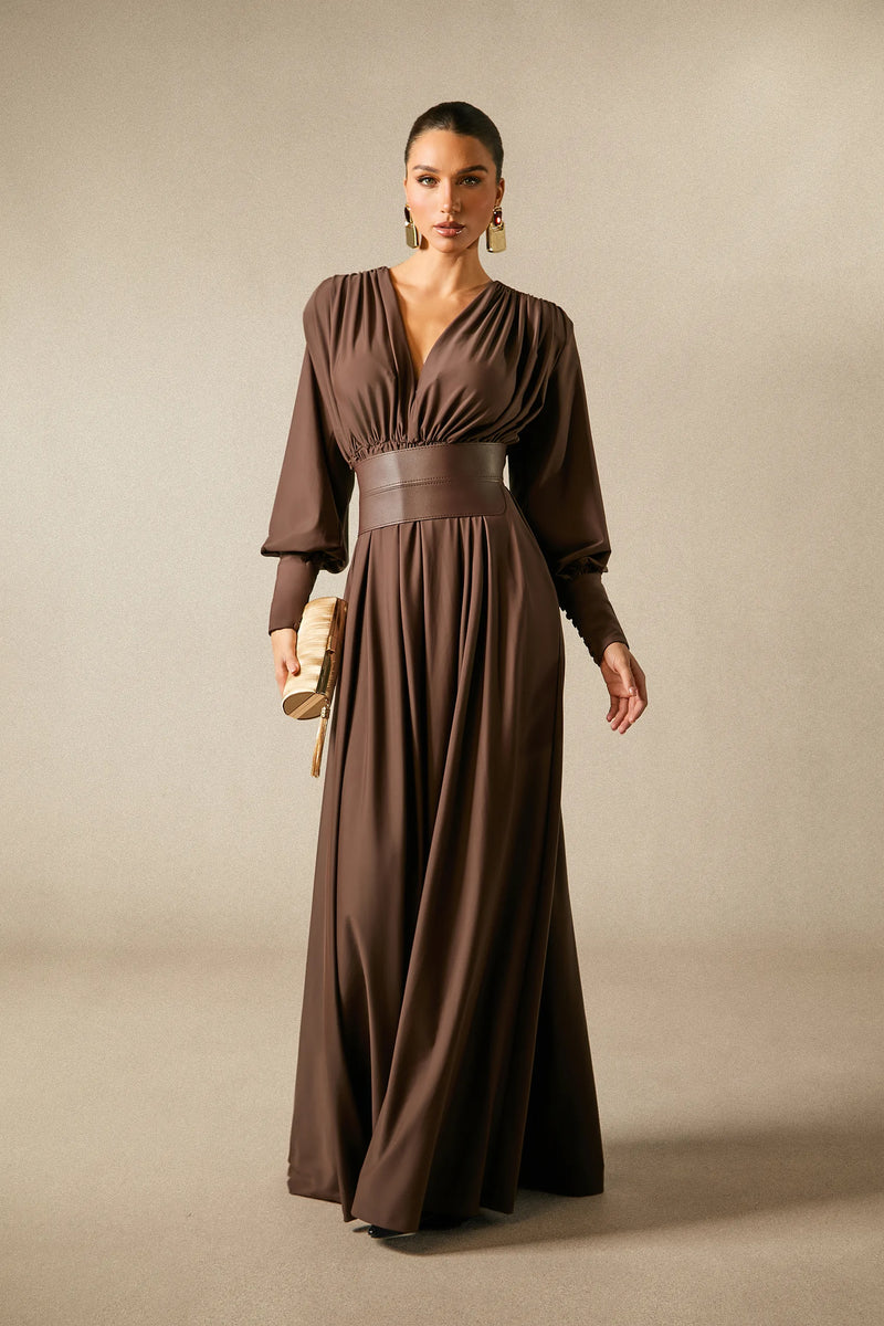 Deep V-Neck Lantern Sleeve Draped Pleated Dress