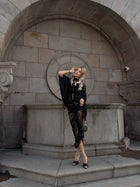 V-Neck Front-Center Cut-Out Set-In -Sleeve Ruched Cocoon Lace Dress