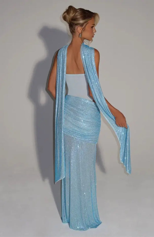 Scarf-Style Bandeau Mesh Rhinestone Waist Cut-Out Dress