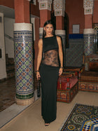 Boat Neck Backless Lace-Contrast Sleeveless Dress