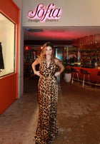 Leopard Print Halter Tie-Backless Maxi Dress