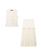 Vest-Style V-Neck Top & Mesh-Panel Skirt Set