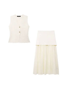 Vest-Style V-Neck Top & Mesh-Panel Skirt Set