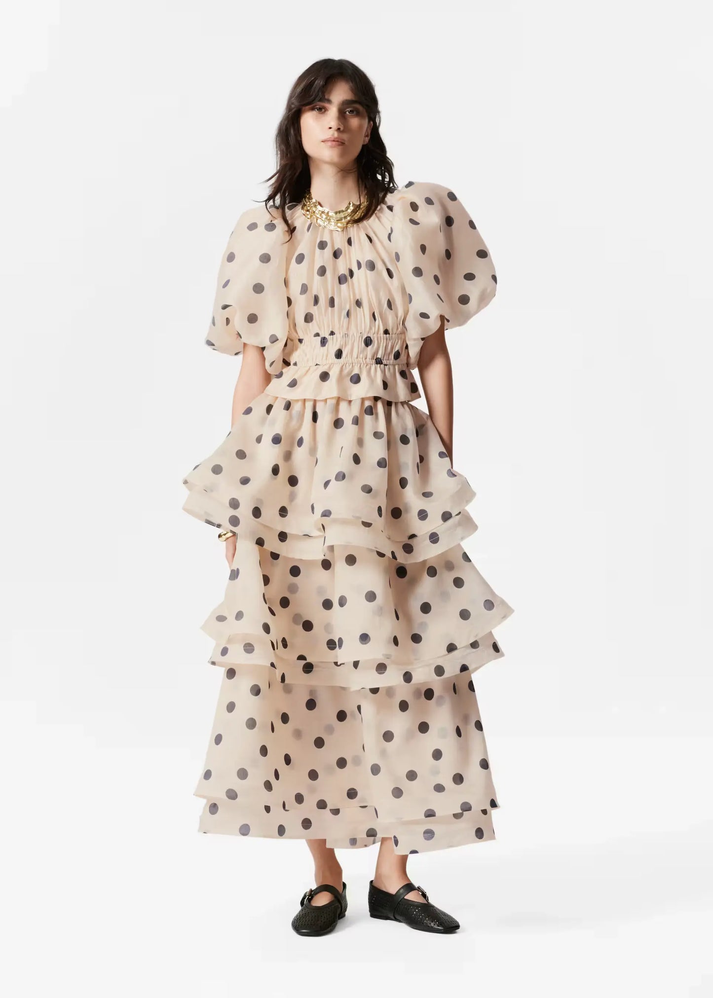 Polka Dot Lantern Sleeve Ruched Waist Top Tiered Skirt Set