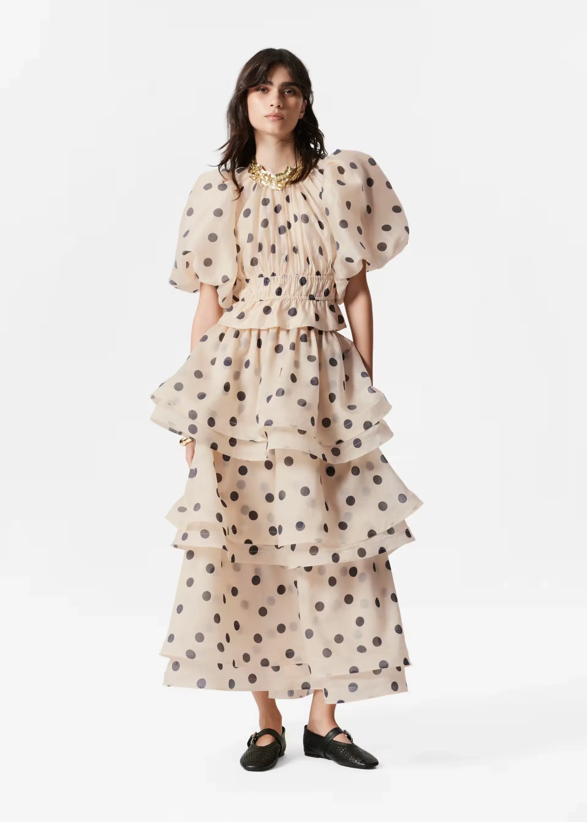 Polka Dot Lantern Sleeve Ruched Waist Top Tiered Skirt Set