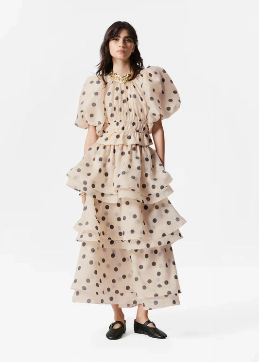 Polka Dot Lantern Sleeve Ruched Waist Top Tiered Skirt Set