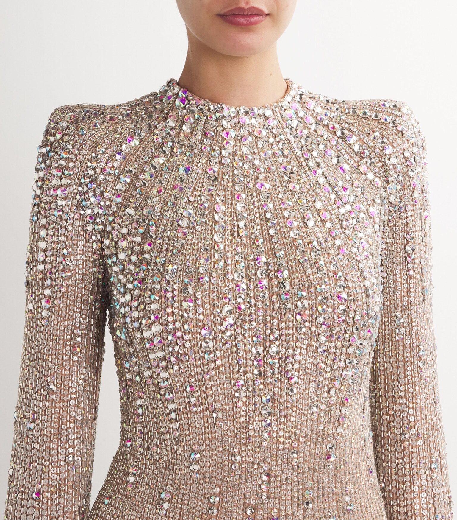 Sequin Rhinestone-Embroidered Long-Sleeve Gown
