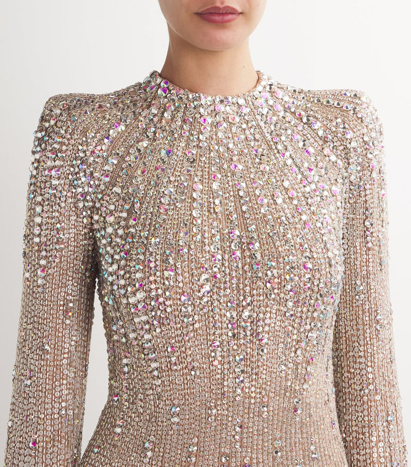 Sequin Rhinestone-Embroidered Long-Sleeve Gown