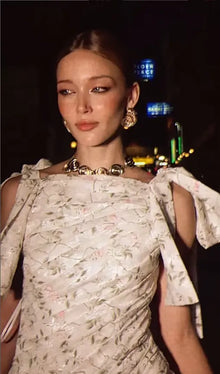 Printed Shoulder Bowknot Mini Dress