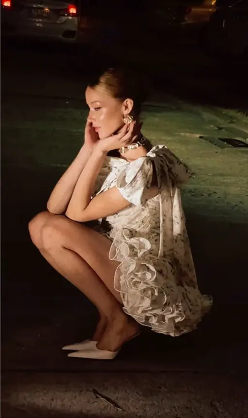 Printed Shoulder Bowknot Mini Dress