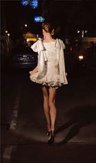 Printed Shoulder Bowknot Mini Dress