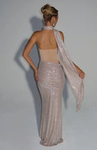Scarf-Style Bandeau Mesh Rhinestone Waist Cut-Out Dress
