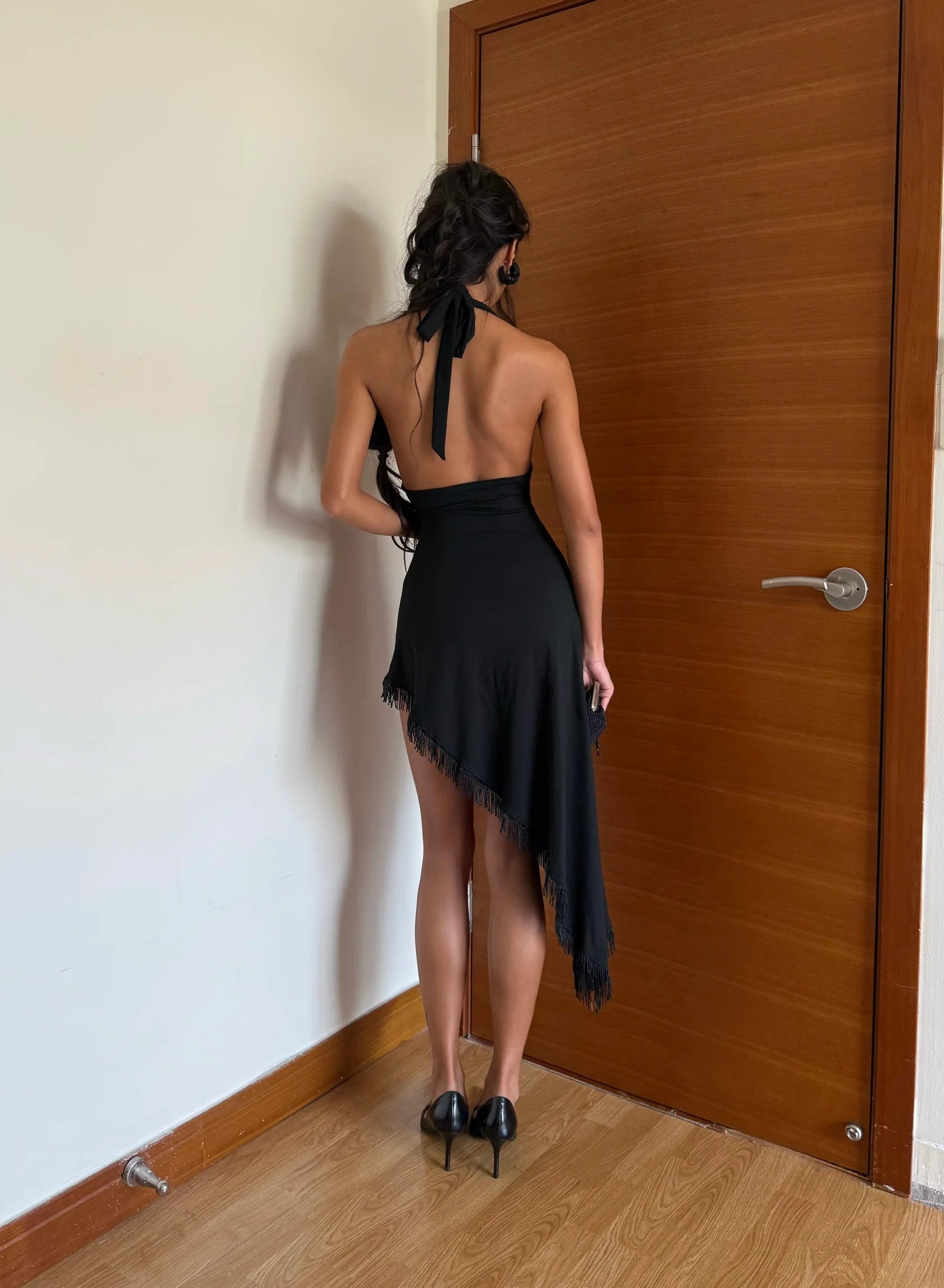 Halter Tie-Neck Deep V Backless Hand-Beaded Fringe-Trim Mini Dress