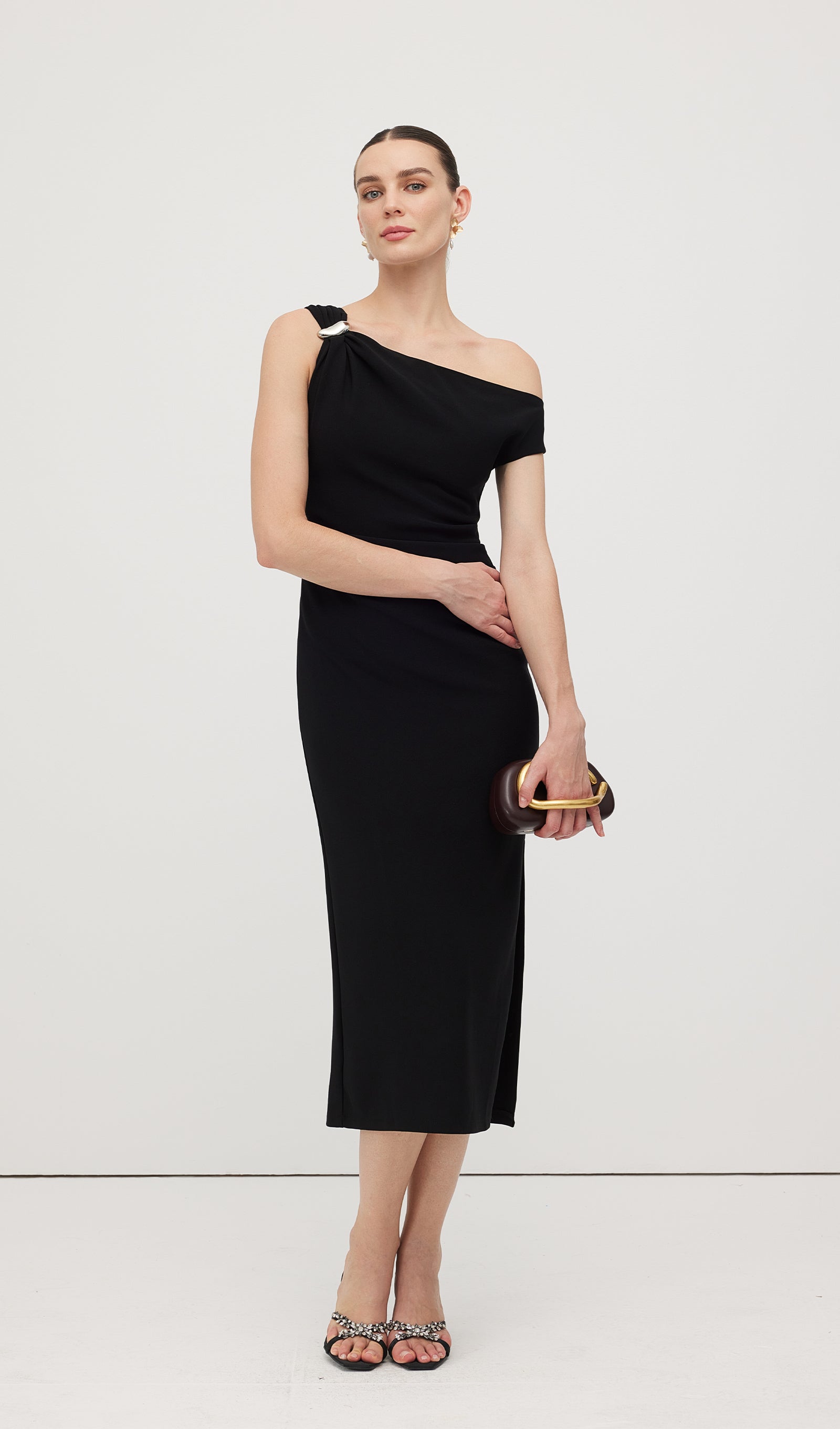 Asymmetric Metallic Midi Dress