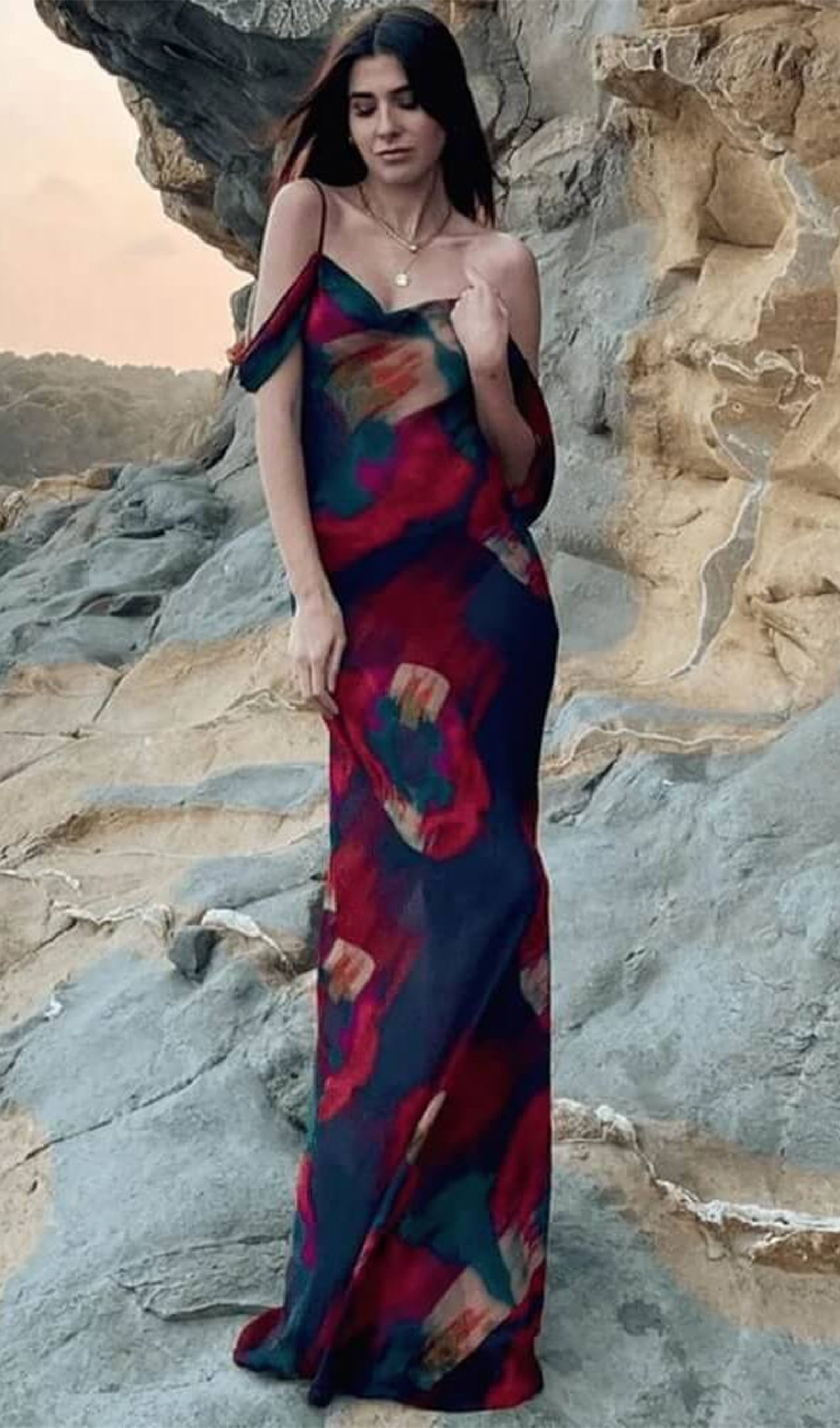 Abstract Floral Print Slip Maxi Dress