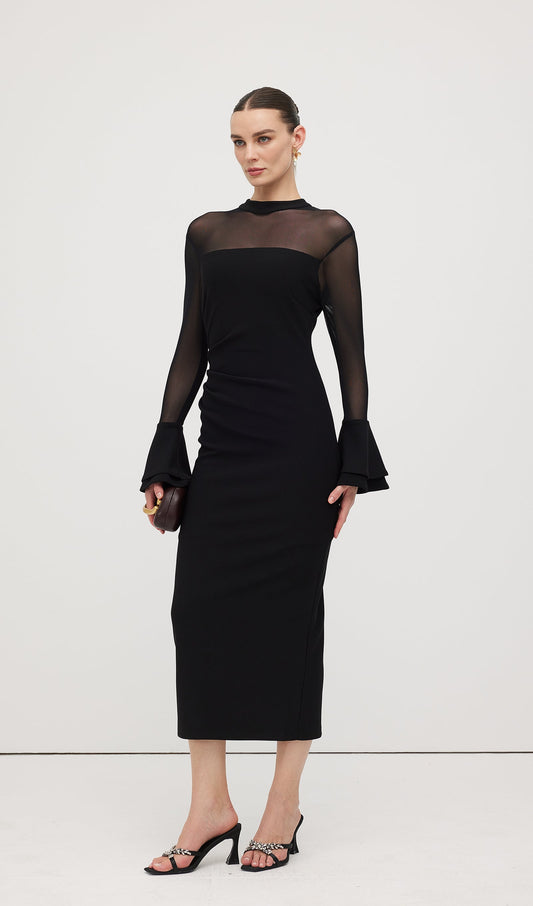 Mesh Stitching Long Sleeve Midi Dress