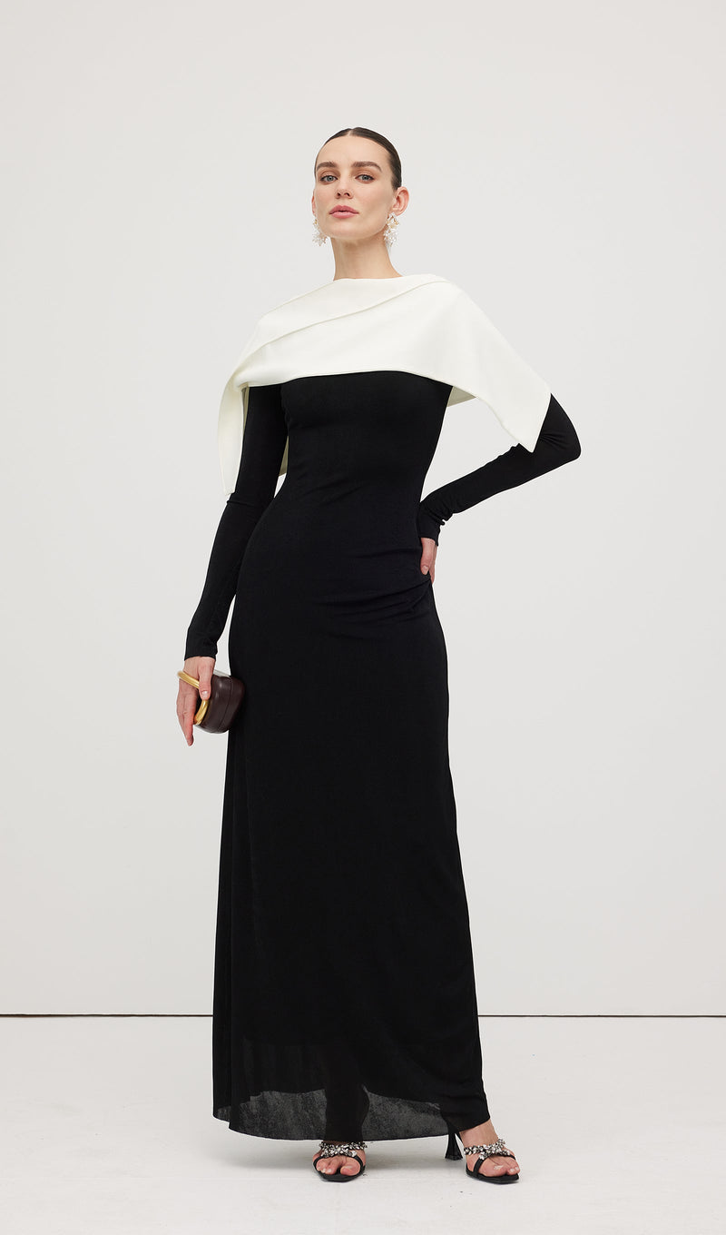 Asymmetrical Draped Shoulder Pleat Maxi Dress