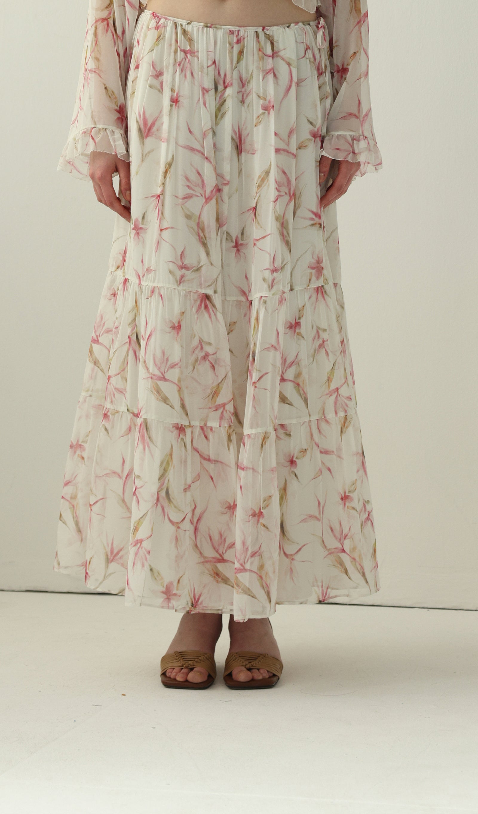 Floral Silk Ruffle Two Piece Sets