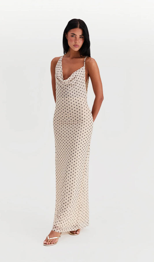 Asymmetric Cowl Polka Dot Maxi Dress