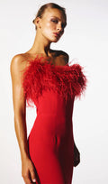 Lena Feather Trimmed Midi Dress Red
