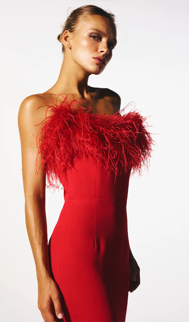 Lena Feather Trimmed Midi Dress Red