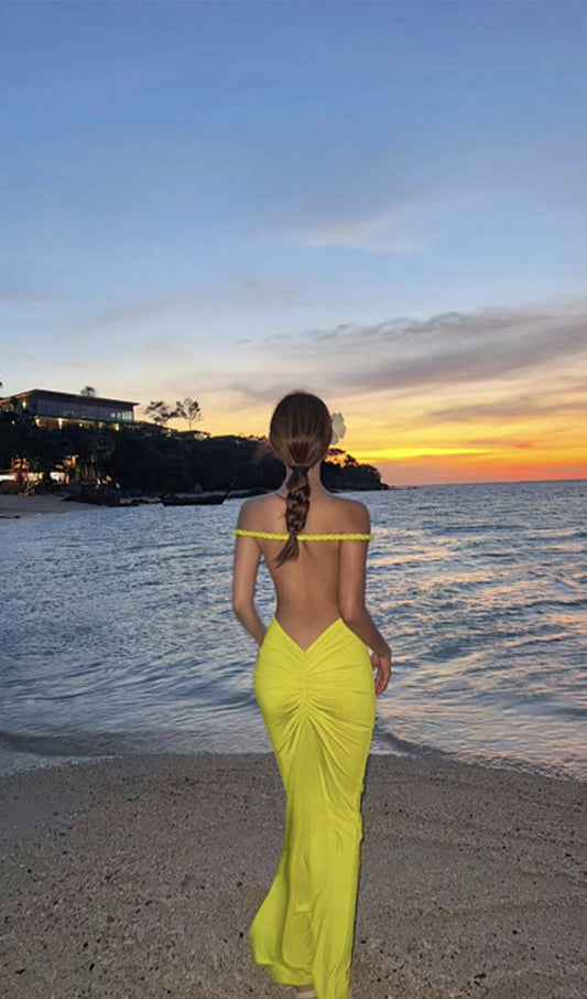 Open Back Pleated Fitted Maxi Dress