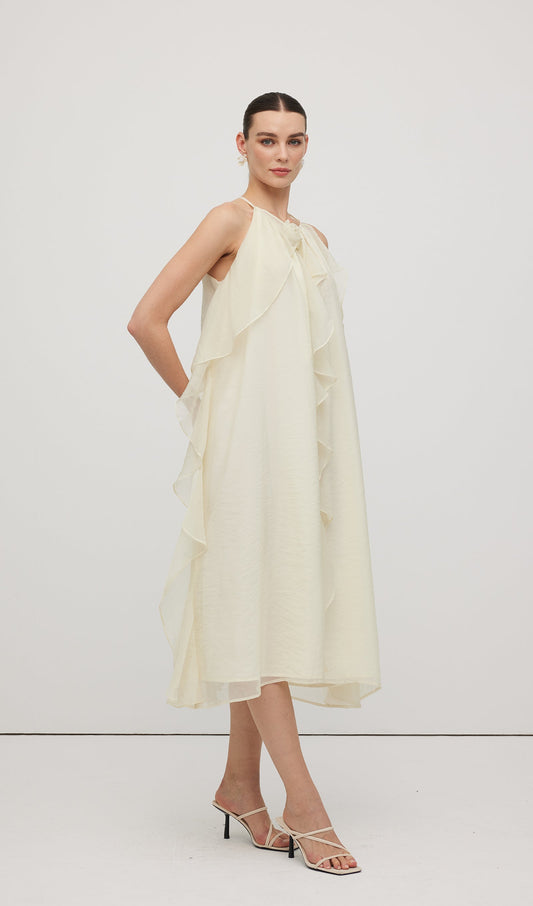 Halterneck Rose Detail Ruffle Midi Dress