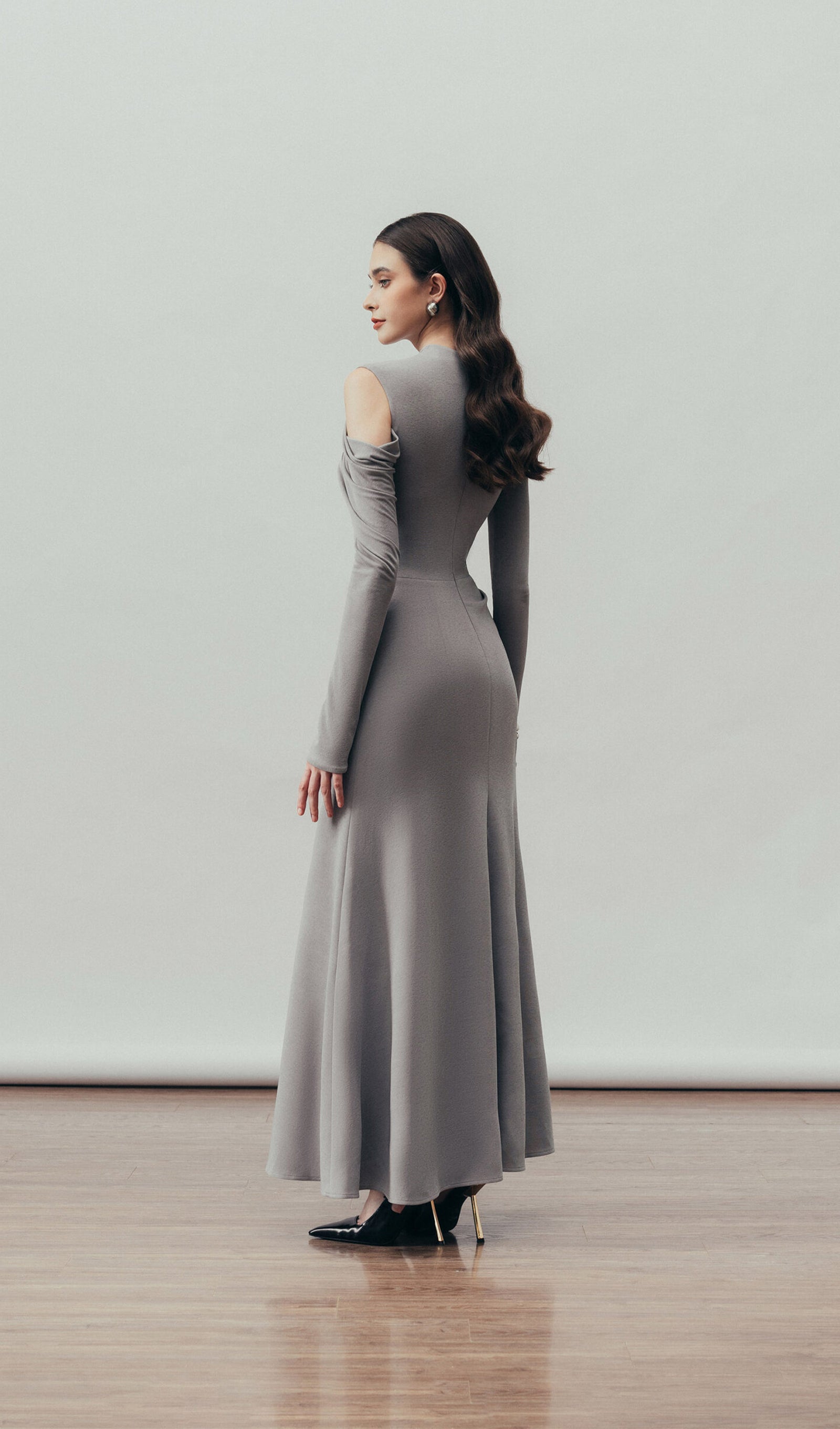 Solid Fitted Draped Maxi Dress