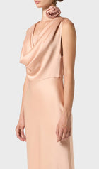 Shiny Satin With Draped Neckline Midi Dress