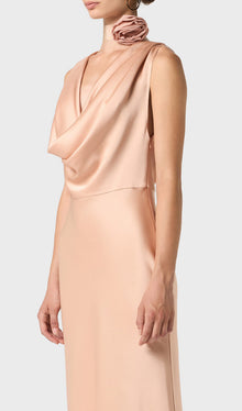 Shiny Satin With Draped Neckline Midi Dress