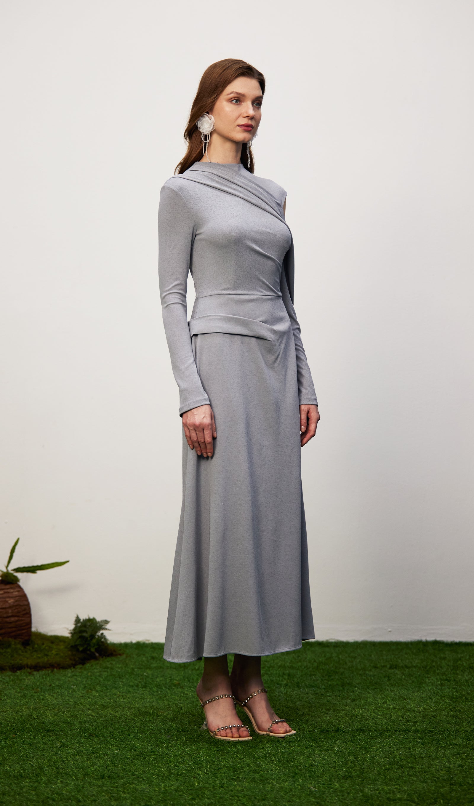 Solid Fitted Draped Maxi Dress