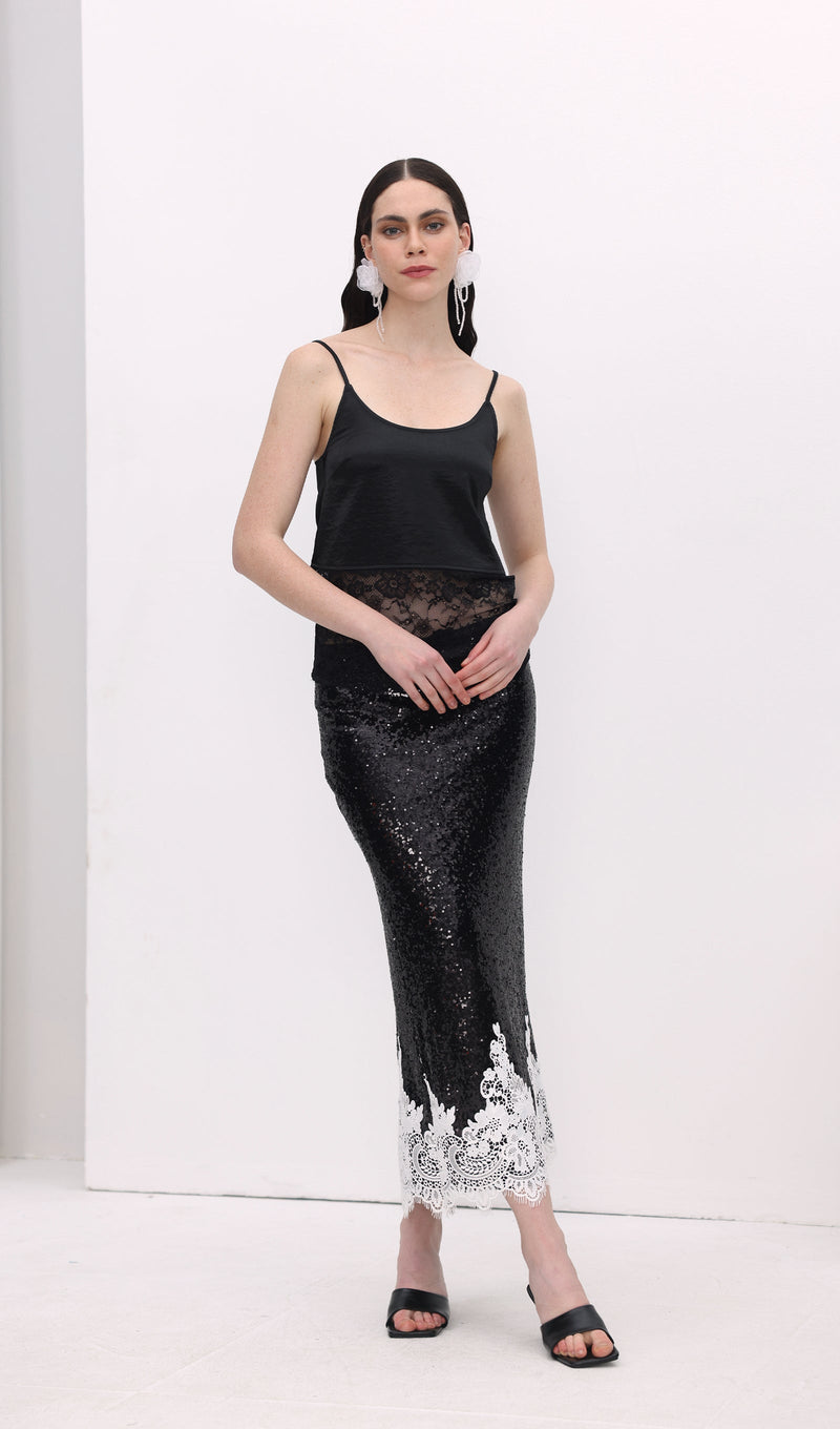 Sequinned Lace Trim Midi Skirt