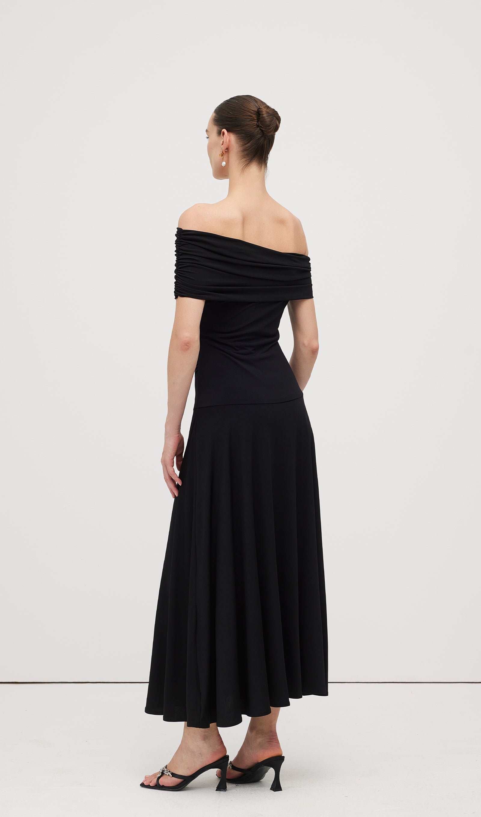 Off Shoulder Draped Midi Dress