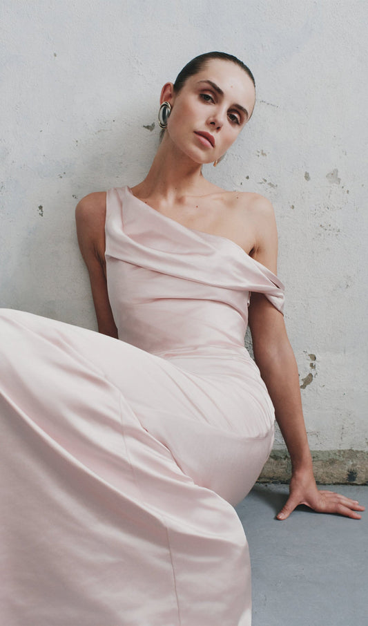 Off Shoulder Satin Maxi Dress